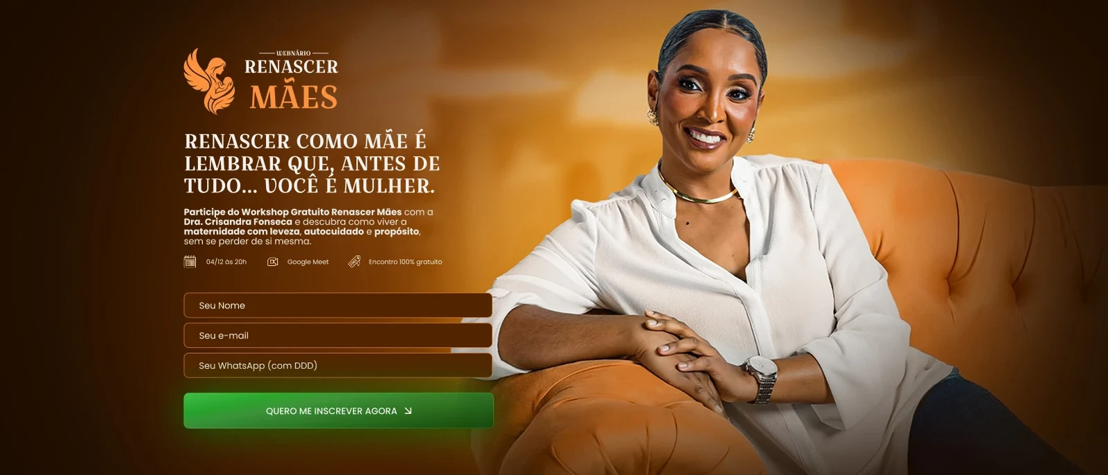 Landing page Webinário Renascer Mães, Dra. Crisandra Fonseca