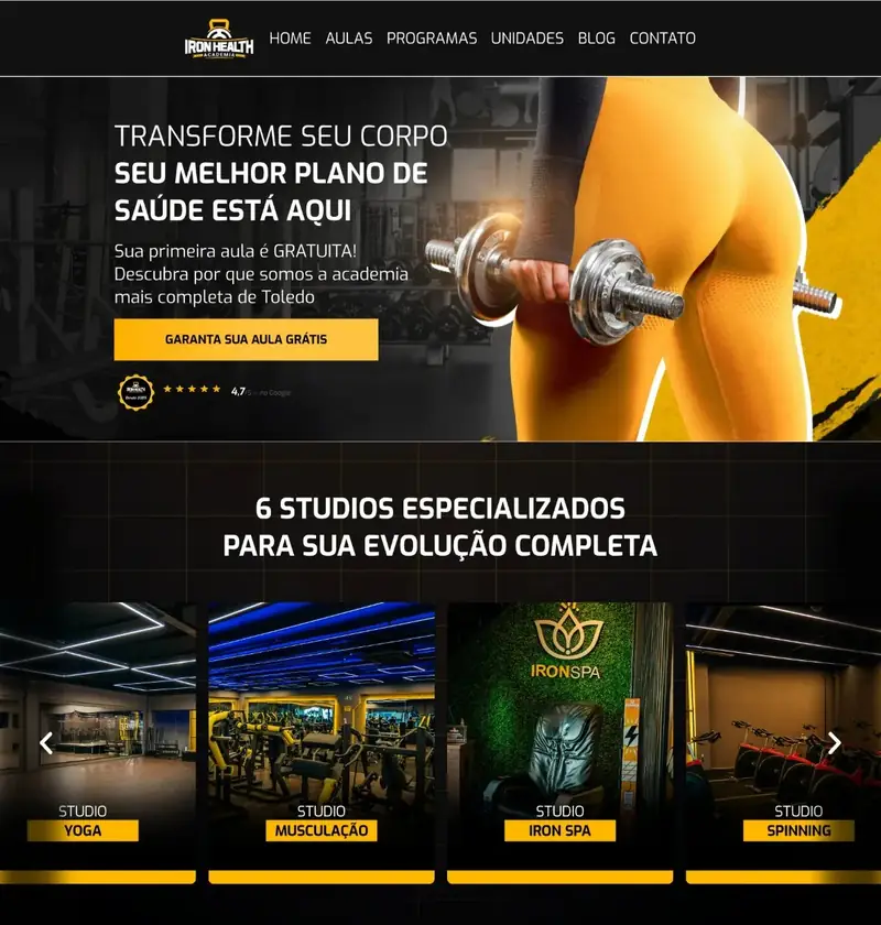 Landing page institucional Academia Iron Health